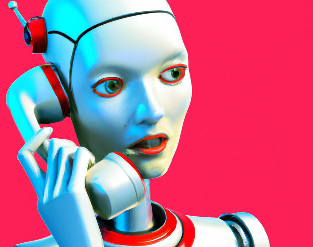 AI generated image of a female robot speaking on the phone
