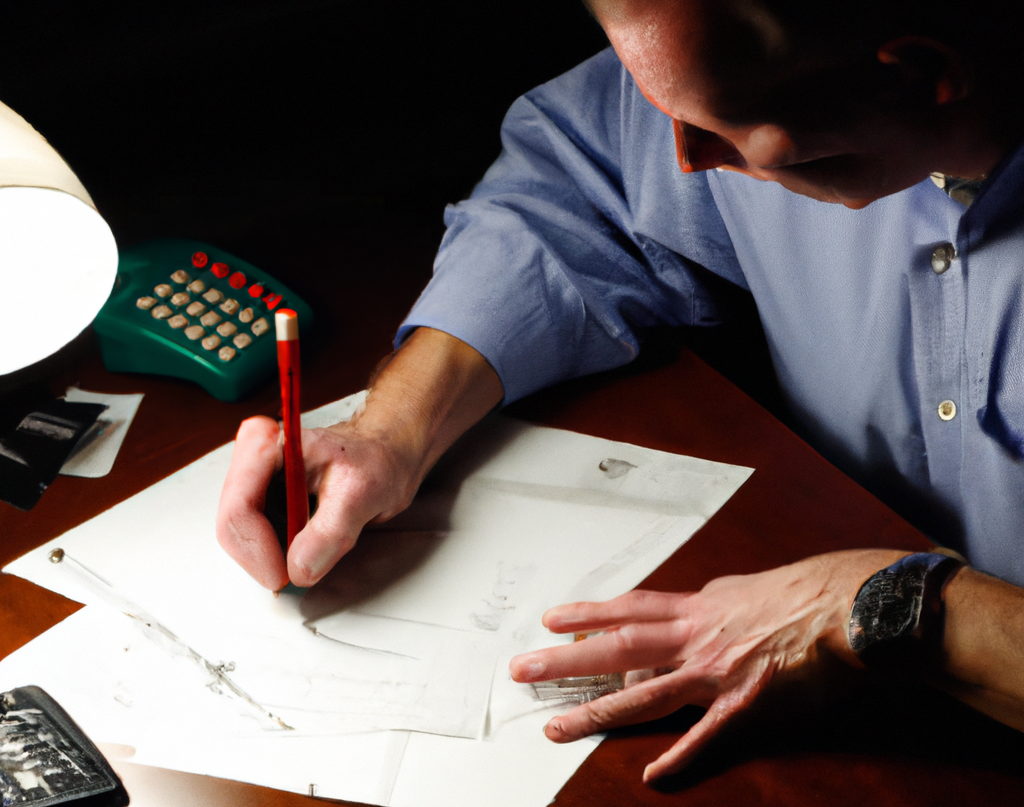 AI generated image of an accountant doing taxes in a dark room