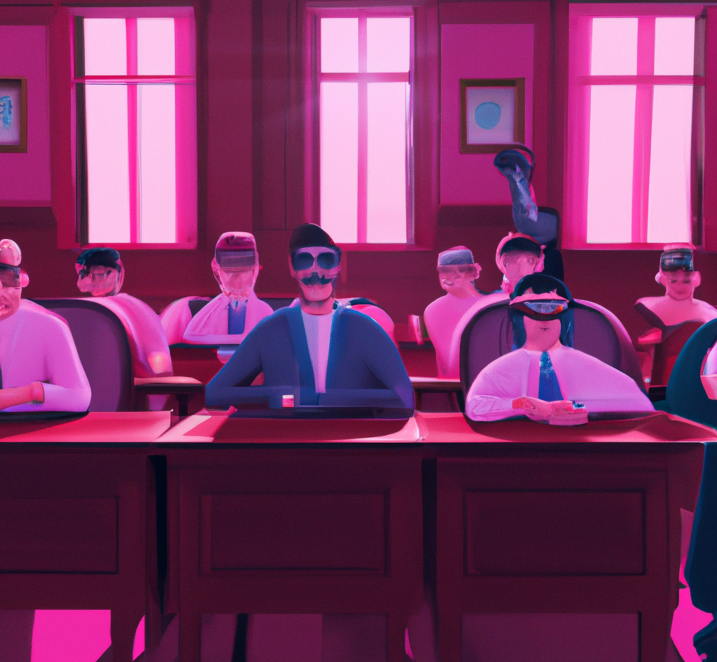 AI generated image of a magenta tinged courtroom scene