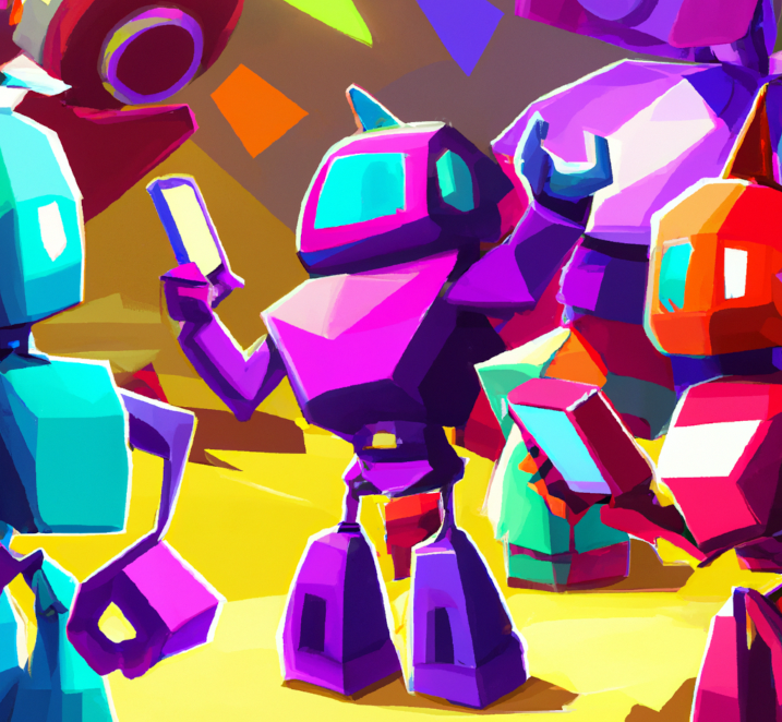 AI generated image of brightly colored robots making phone calls