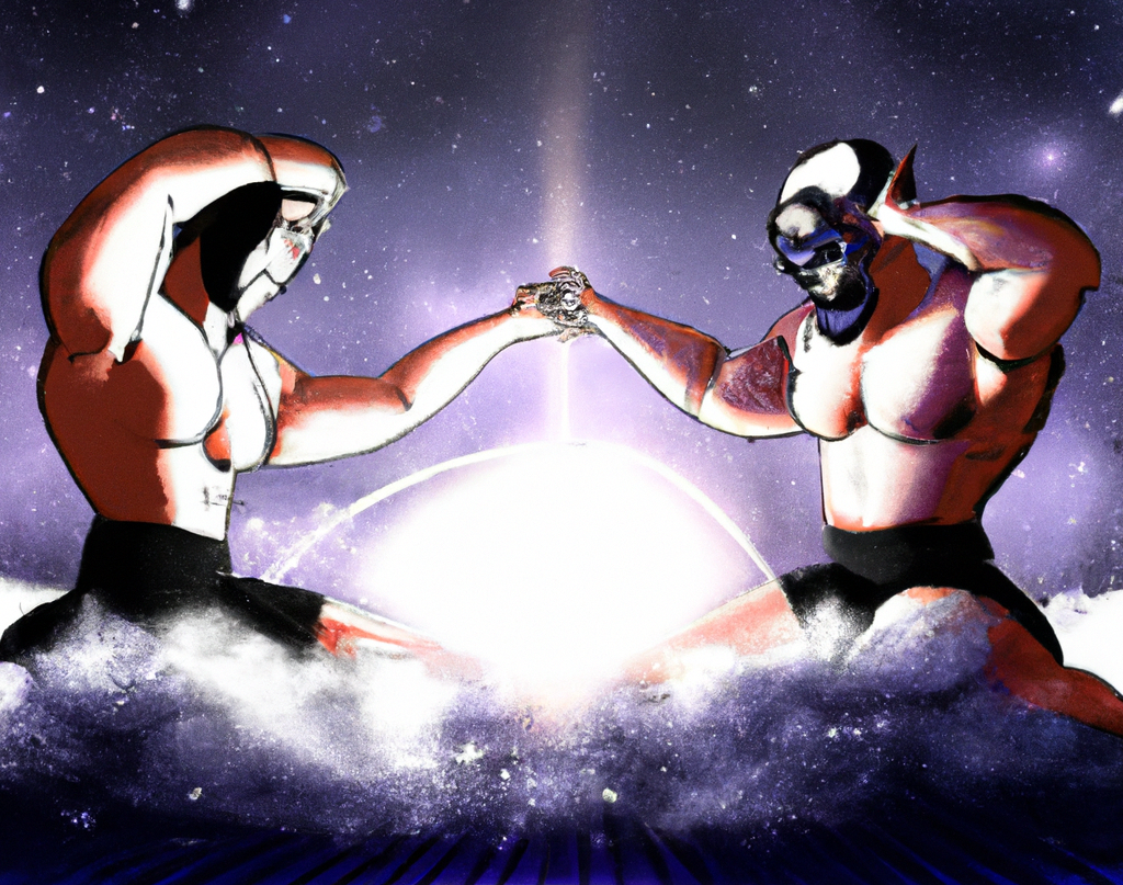 AI generated image of two wrestlers in a wrestling ring with the cosmos in the background